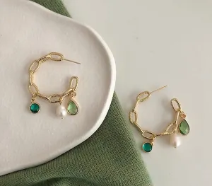 Emerald Green Tassel Gold Hoop Earrings