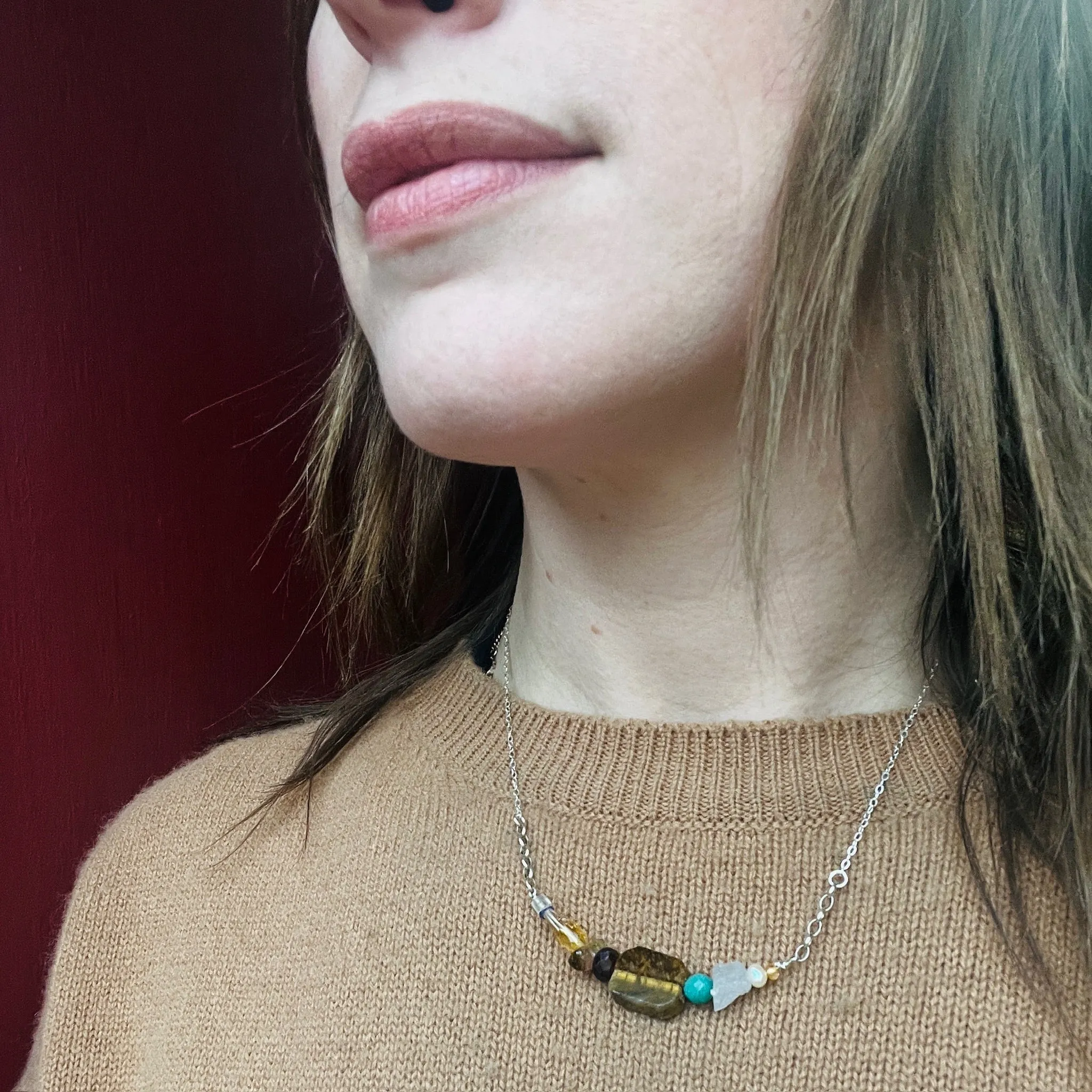 Energetic Gemstone Arc on Silver Necklace by Brin