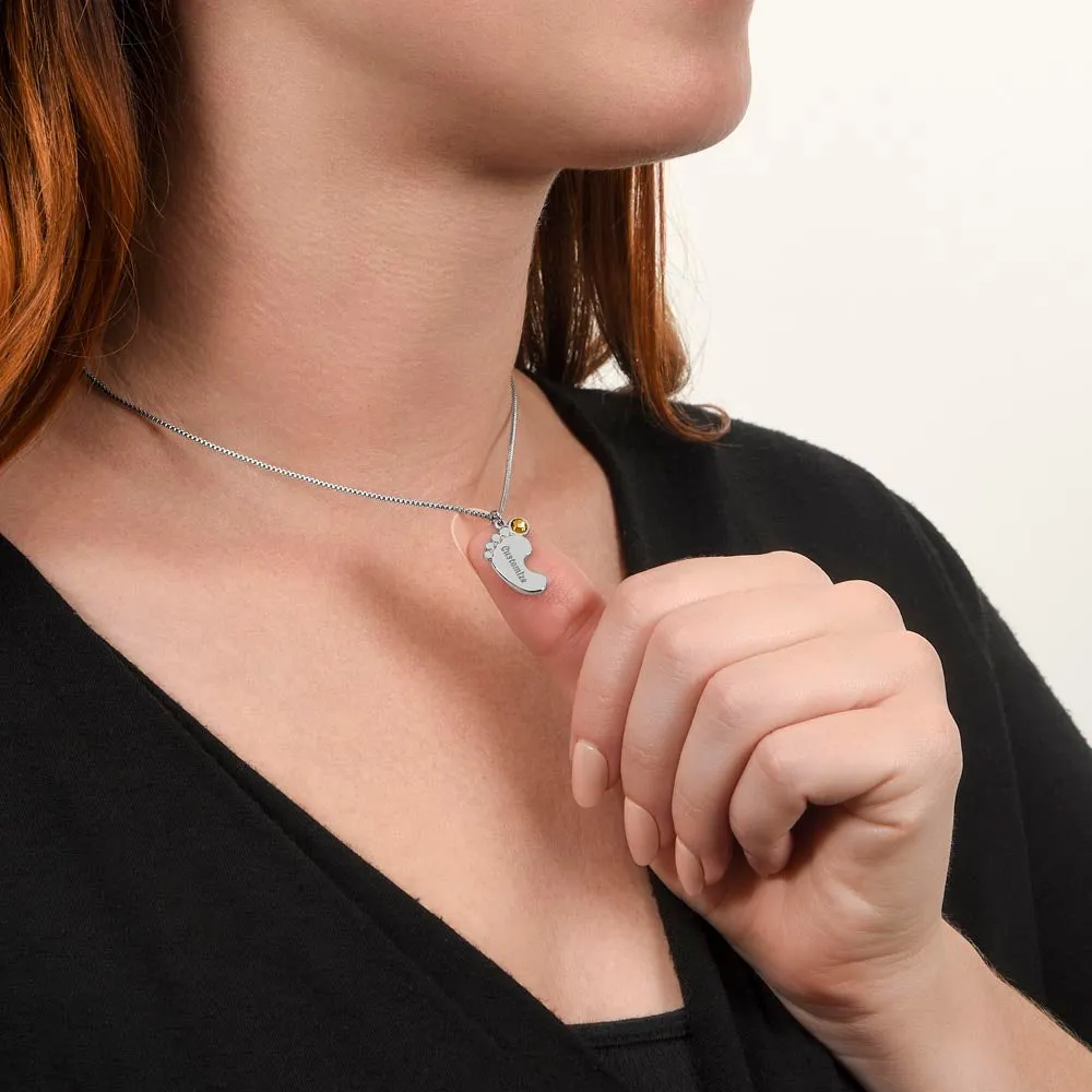 Engraved Baby Feet Birthstone Necklace