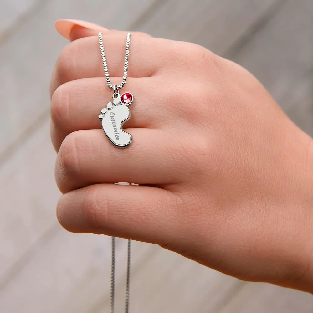 Engraved Baby Feet Birthstone Necklace