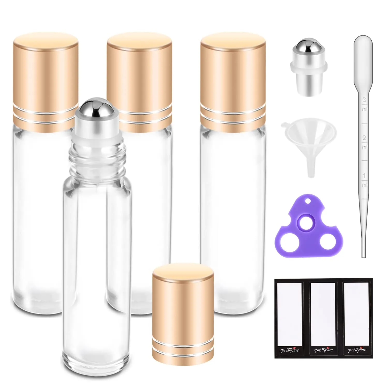 Essential Oil Roller Bottles for Oils 10Ml Glass Clear Perfume Bottles Empty with Extra Roller Balls, Opener, Funnel, Pipette, Labels, 4Pack Roll on Bottles