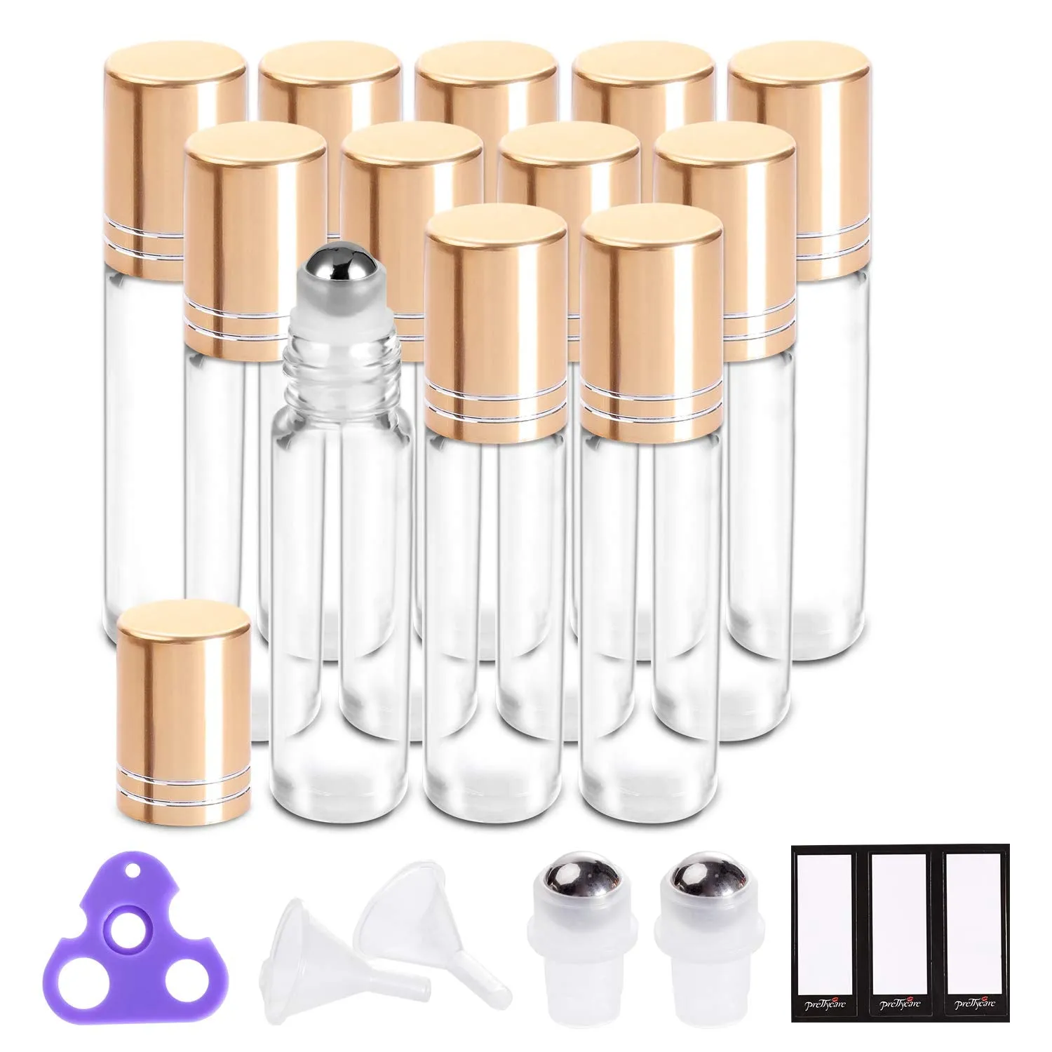 Essential Oil Roller Bottles for Oils 10Ml Glass Clear Perfume Bottles Empty with Extra Roller Balls, Opener, Funnel, Pipette, Labels, 4Pack Roll on Bottles