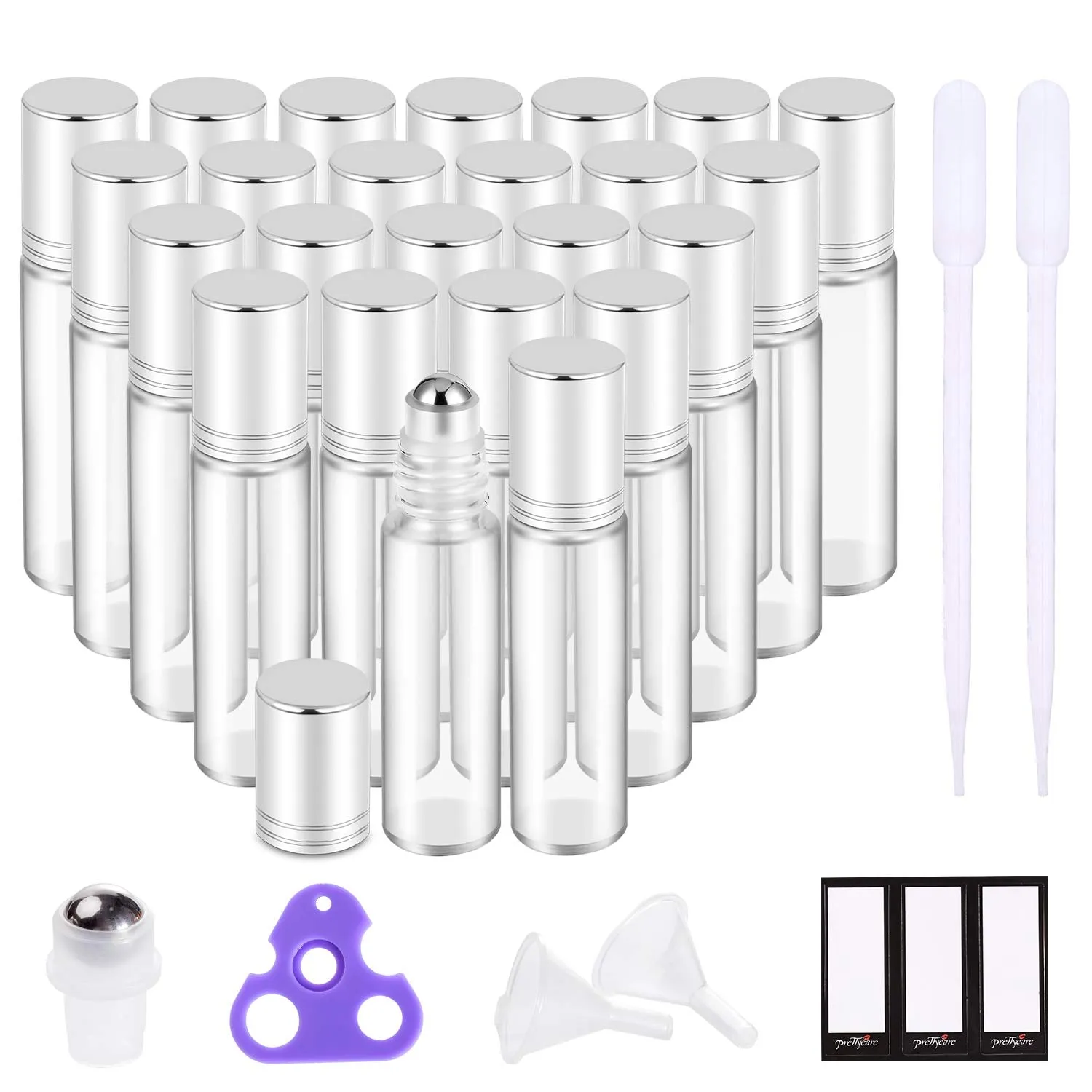 Essential Oil Roller Bottles for Oils 10Ml Glass Clear Perfume Bottles Empty with Extra Roller Balls, Opener, Funnel, Pipette, Labels, 4Pack Roll on Bottles