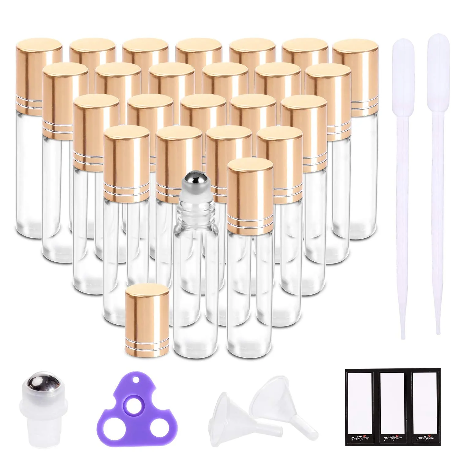 Essential Oil Roller Bottles for Oils 10Ml Glass Clear Perfume Bottles Empty with Extra Roller Balls, Opener, Funnel, Pipette, Labels, 4Pack Roll on Bottles