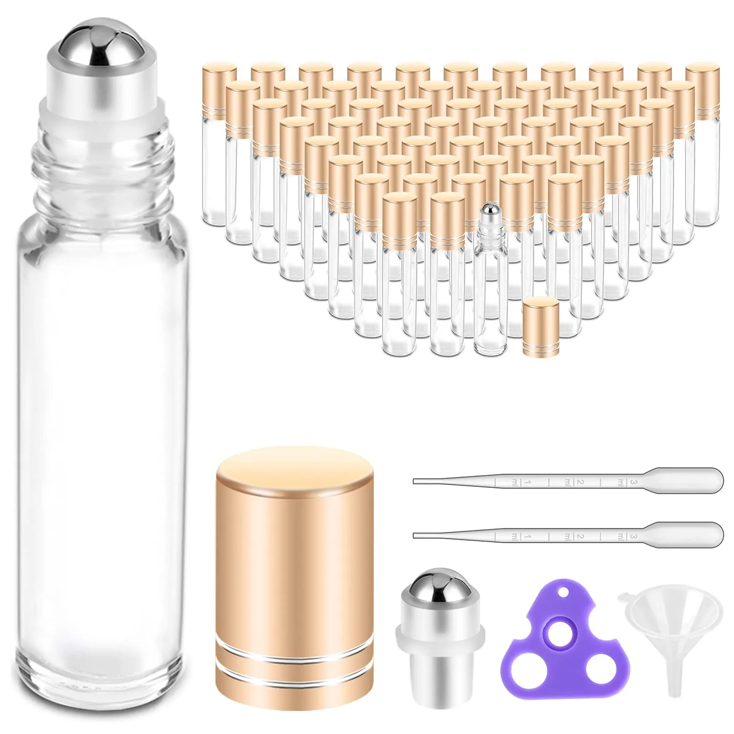 Essential Oil Roller Bottles for Oils 10Ml Glass Clear Perfume Bottles Empty with Extra Roller Balls, Opener, Funnel, Pipette, Labels, 4Pack Roll on Bottles