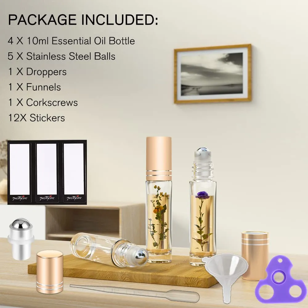 Essential Oil Roller Bottles for Oils 10Ml Glass Clear Perfume Bottles Empty with Extra Roller Balls, Opener, Funnel, Pipette, Labels, 4Pack Roll on Bottles