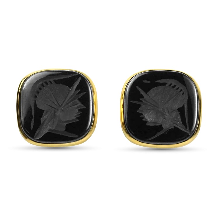 Estate 14k Yellow Gold Carved Intaglio Onyx Stud Earrings