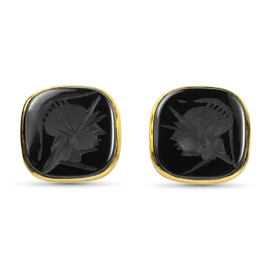 Estate 14k Yellow Gold Carved Intaglio Onyx Stud Earrings