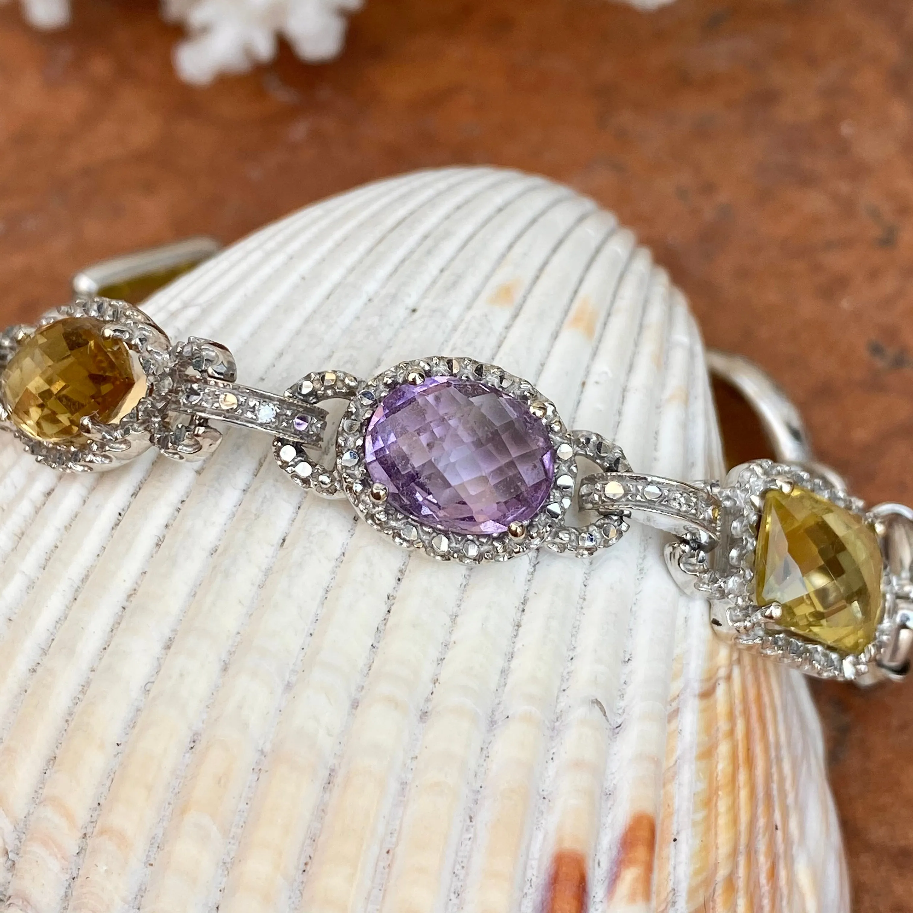 Estate 14KT White Gold Halo Amethyst, Quartz,   Blue Topaz Gemstone Link Bracelet