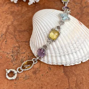 Estate 14KT White Gold Halo Amethyst, Quartz,   Blue Topaz Gemstone Link Bracelet