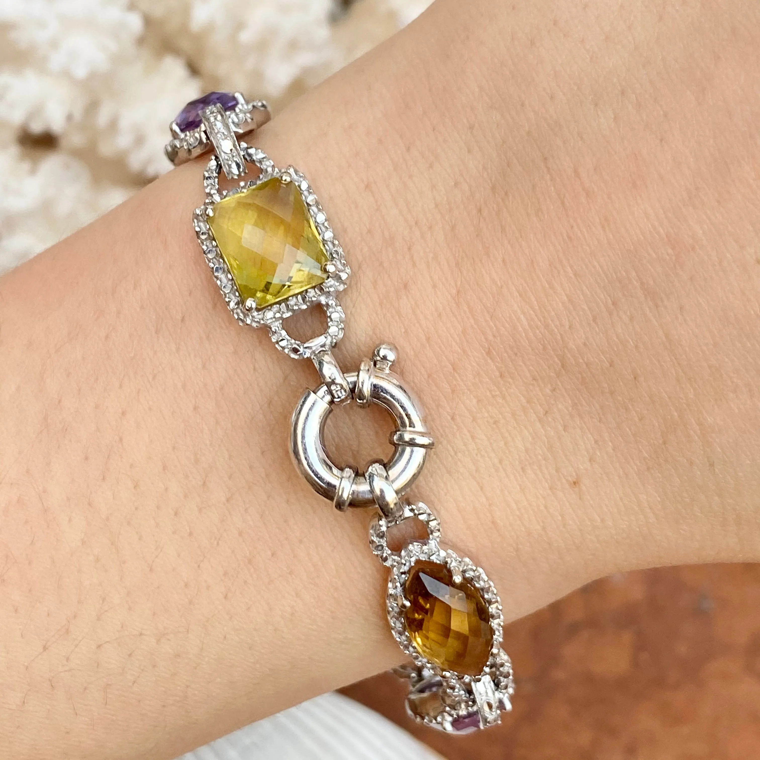 Estate 14KT White Gold Halo Amethyst, Quartz,   Blue Topaz Gemstone Link Bracelet