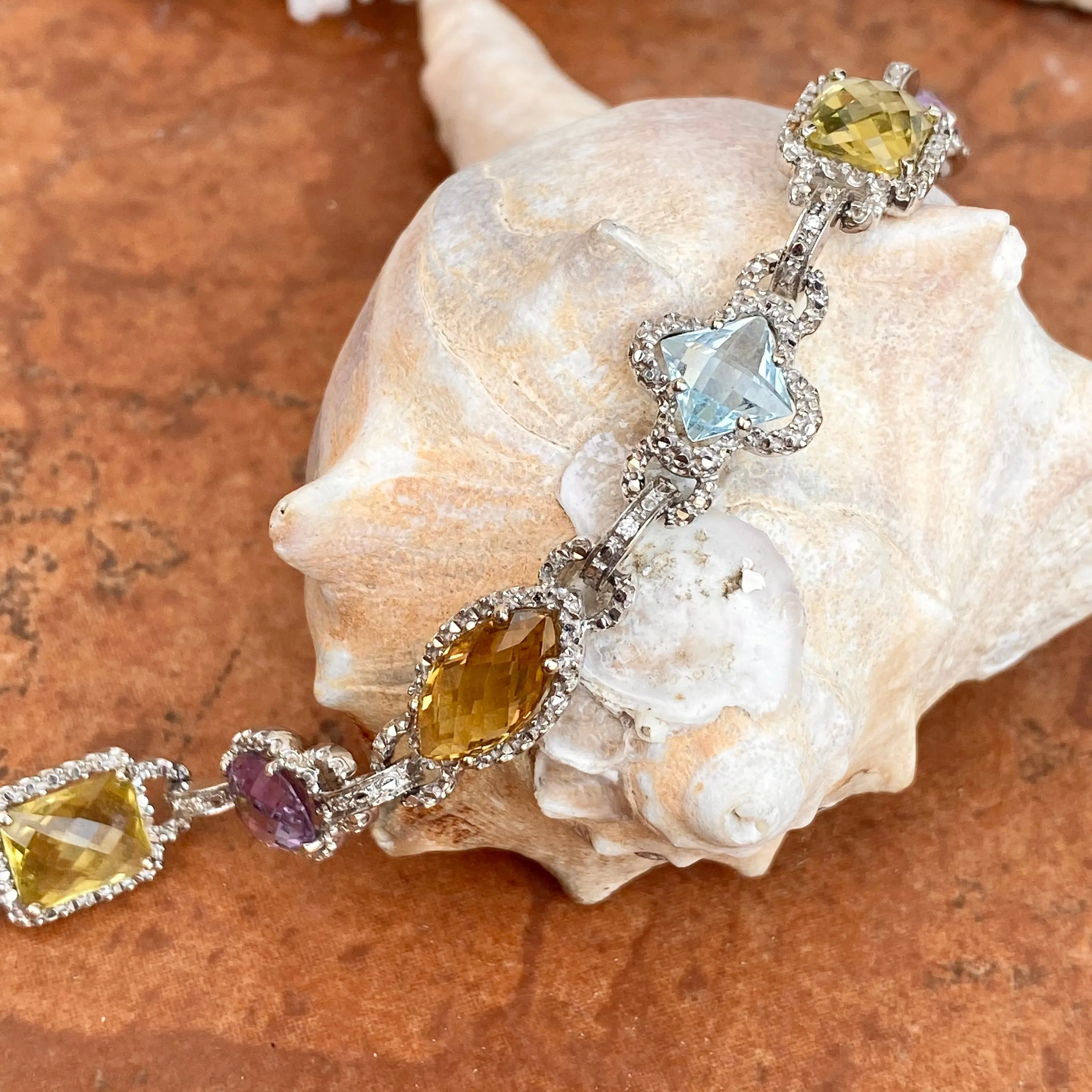 Estate 14KT White Gold Halo Amethyst, Quartz,   Blue Topaz Gemstone Link Bracelet