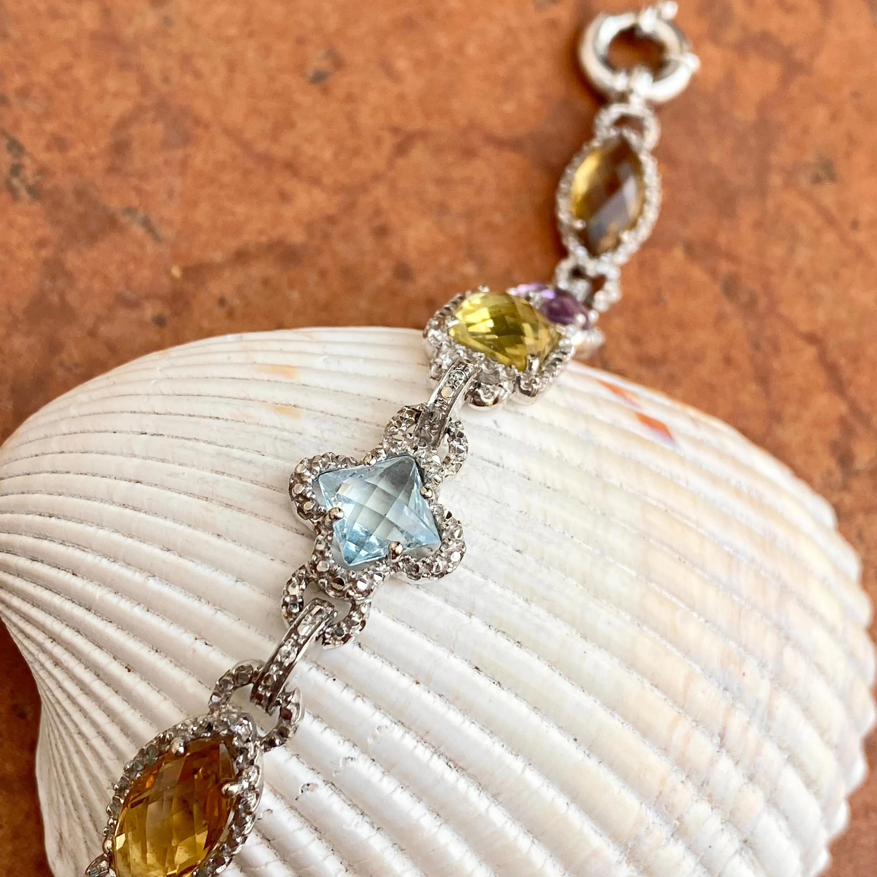 Estate 14KT White Gold Halo Amethyst, Quartz,   Blue Topaz Gemstone Link Bracelet