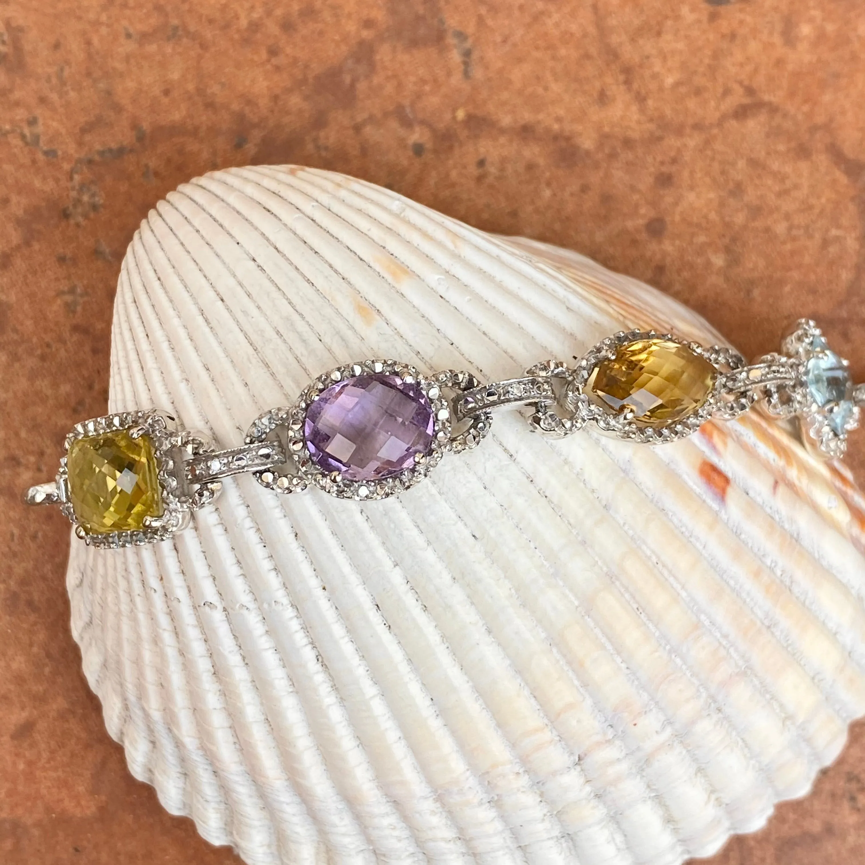 Estate 14KT White Gold Halo Amethyst, Quartz,   Blue Topaz Gemstone Link Bracelet