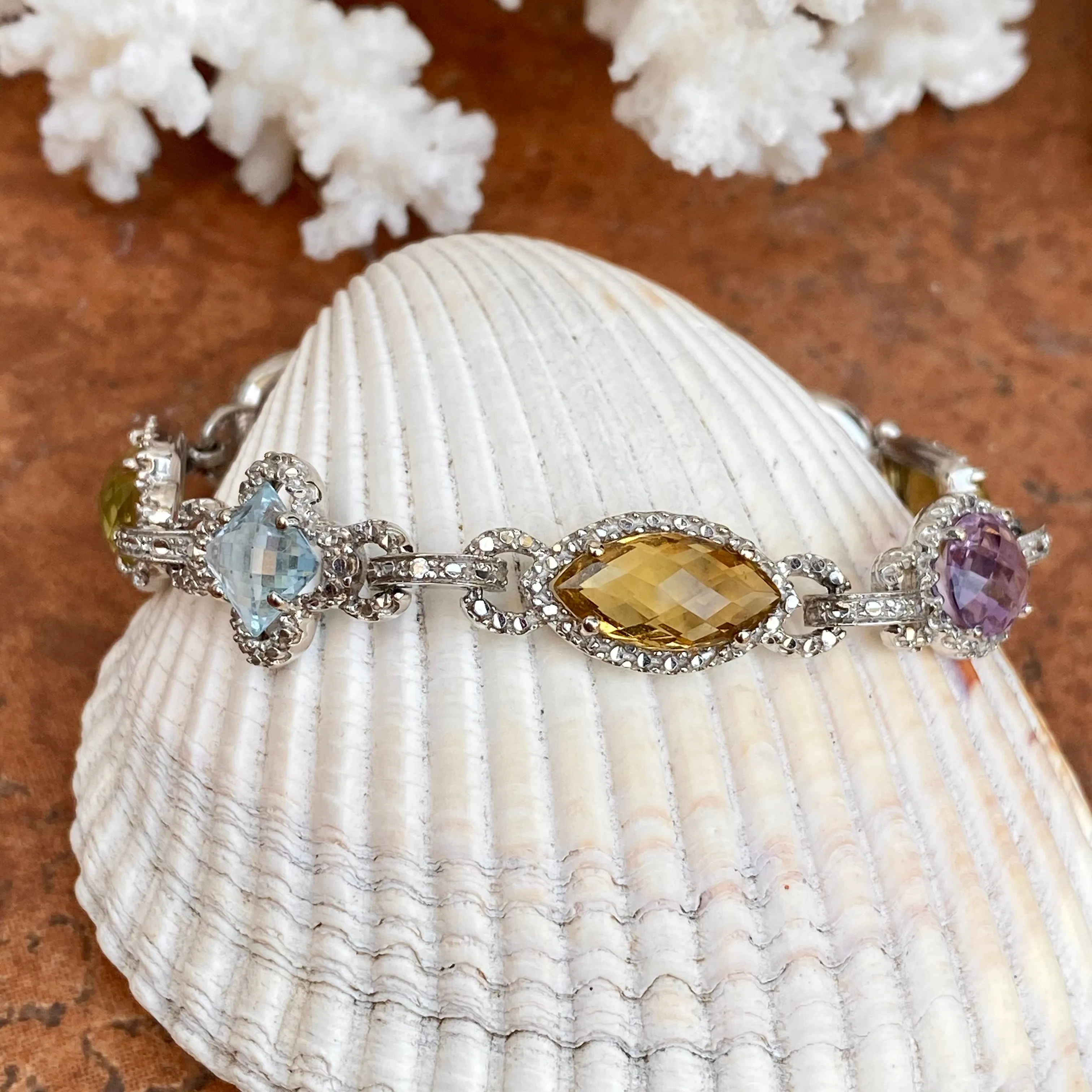 Estate 14KT White Gold Halo Amethyst, Quartz,   Blue Topaz Gemstone Link Bracelet
