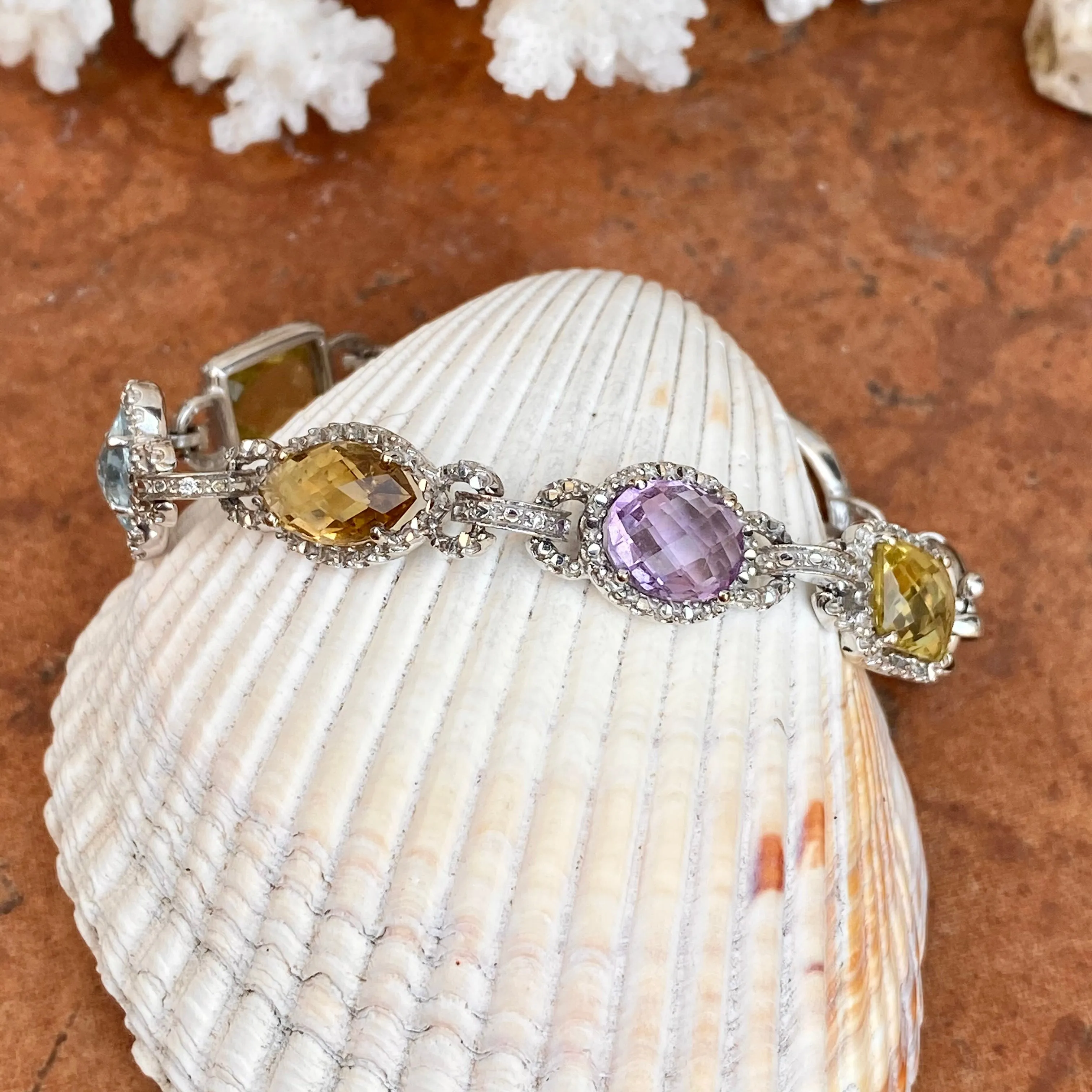 Estate 14KT White Gold Halo Amethyst, Quartz,   Blue Topaz Gemstone Link Bracelet