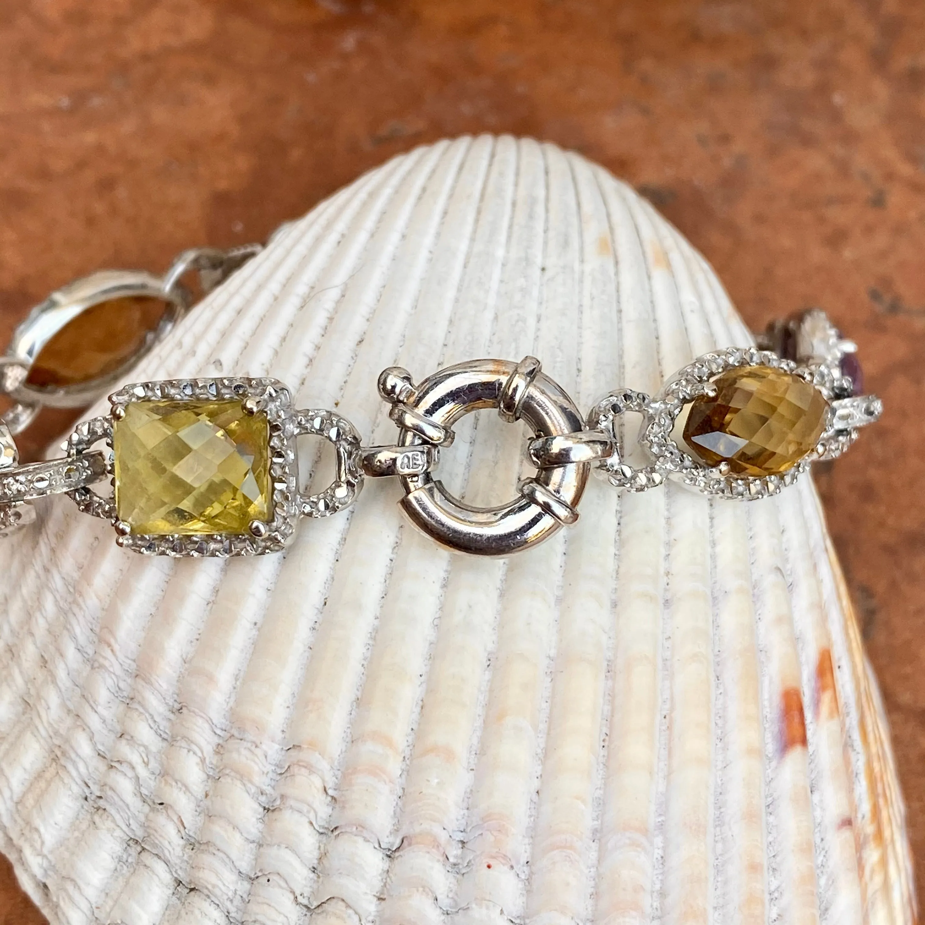 Estate 14KT White Gold Halo Amethyst, Quartz,   Blue Topaz Gemstone Link Bracelet