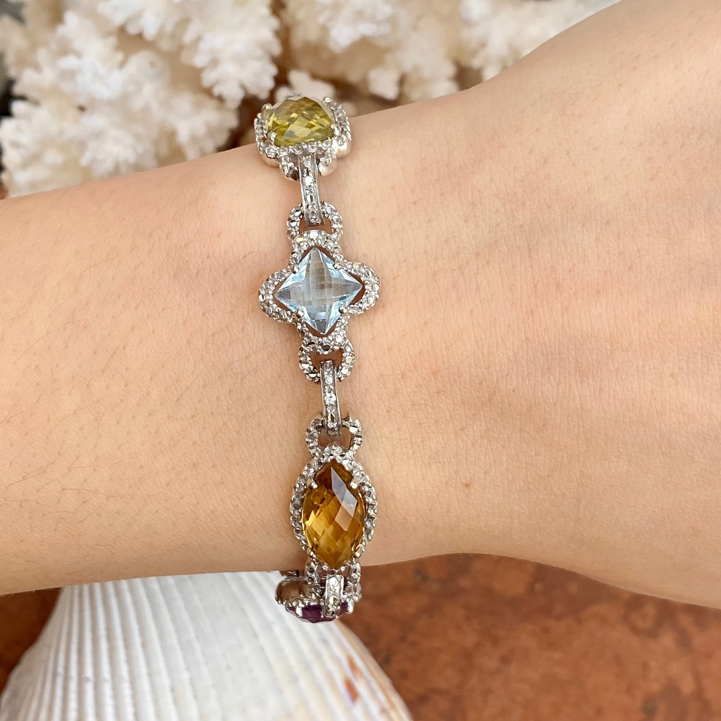 Estate 14KT White Gold Halo Amethyst, Quartz,   Blue Topaz Gemstone Link Bracelet