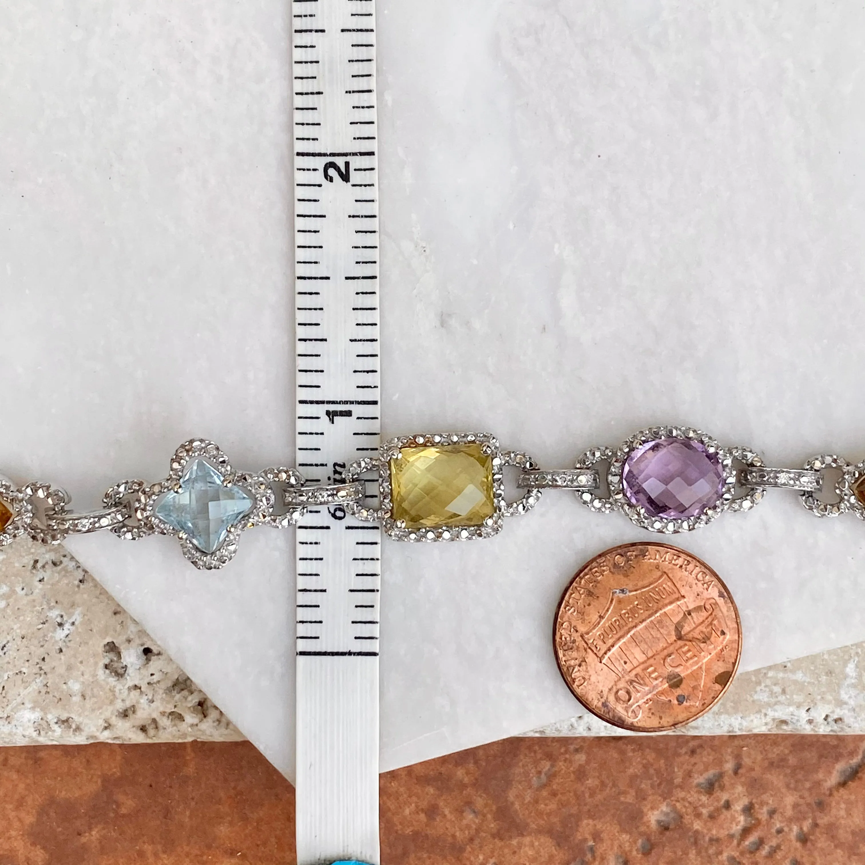 Estate 14KT White Gold Halo Amethyst, Quartz,   Blue Topaz Gemstone Link Bracelet