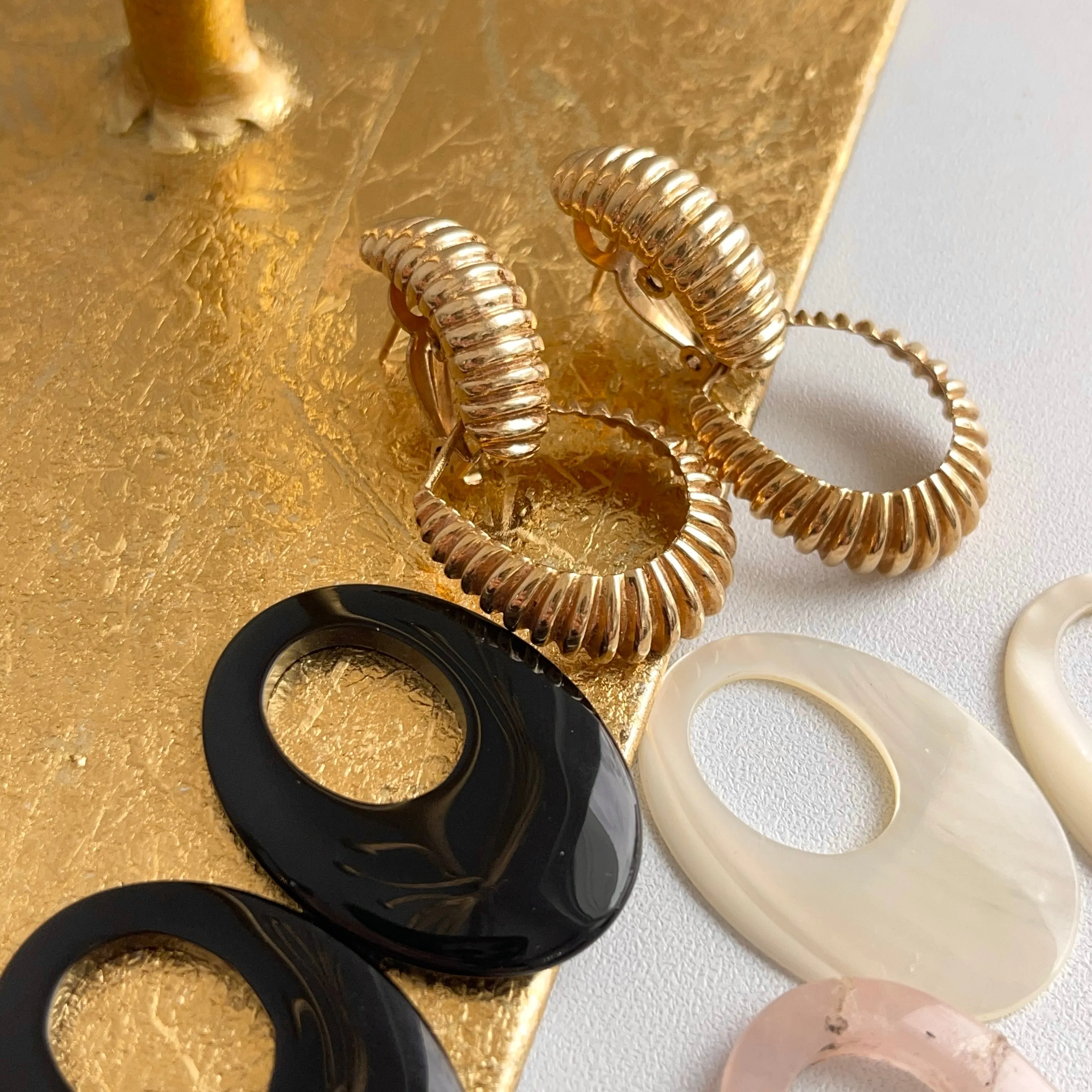 Estate 14KT Yellow Gold Ribbed Omega Back Earrings with 4 Charm Sets