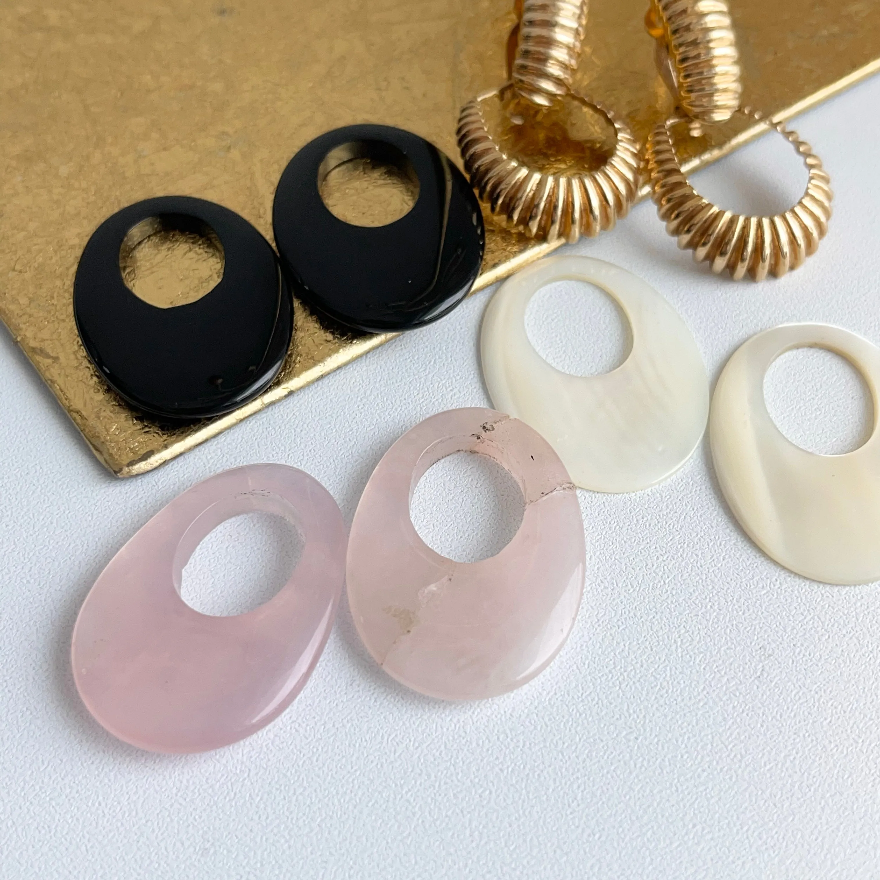 Estate 14KT Yellow Gold Ribbed Omega Back Earrings with 4 Charm Sets