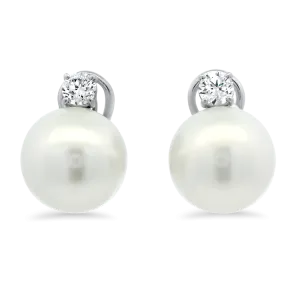 Estate 18k White Gold Crivelli Pearl and Diamond Stud Earrings