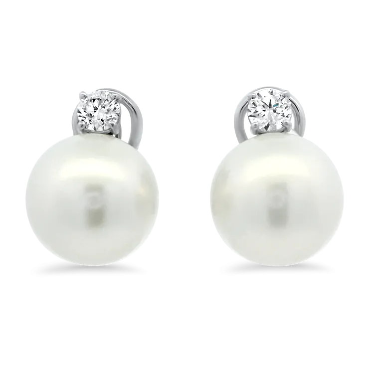 Estate 18k White Gold Crivelli Pearl and Diamond Stud Earrings