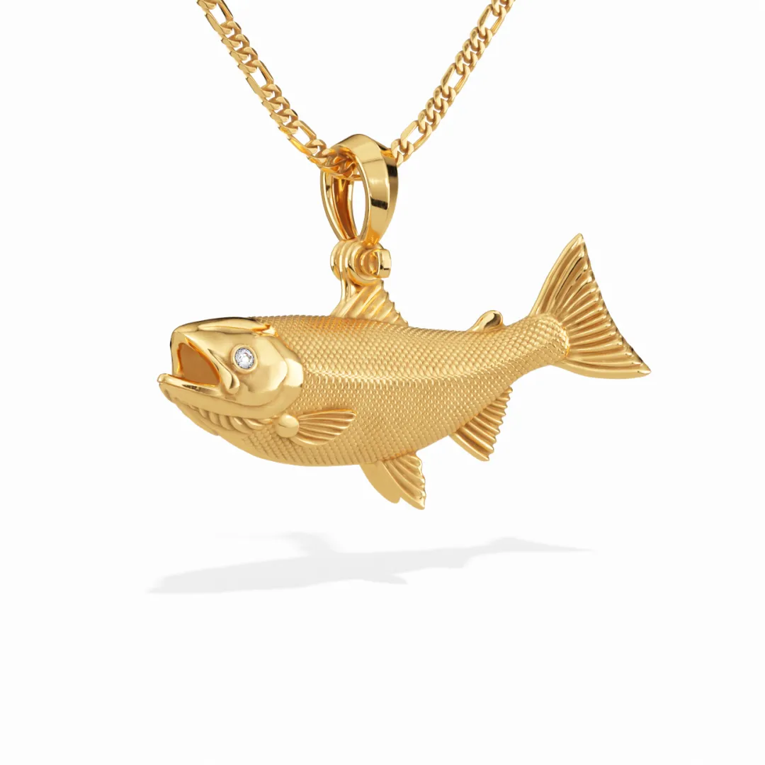 Exquisite 3D Salmon Fish Pendant with Diamond Eyes | 14k Gold