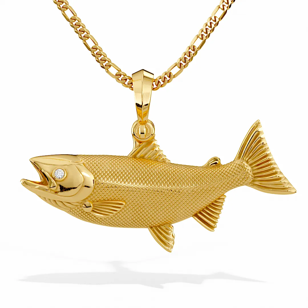 Exquisite 3D Salmon Fish Pendant with Diamond Eyes | 14k Gold