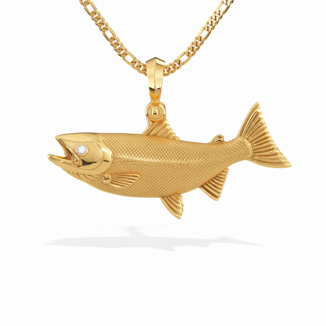 Exquisite 3D Salmon Fish Pendant with Diamond Eyes | 14k Gold