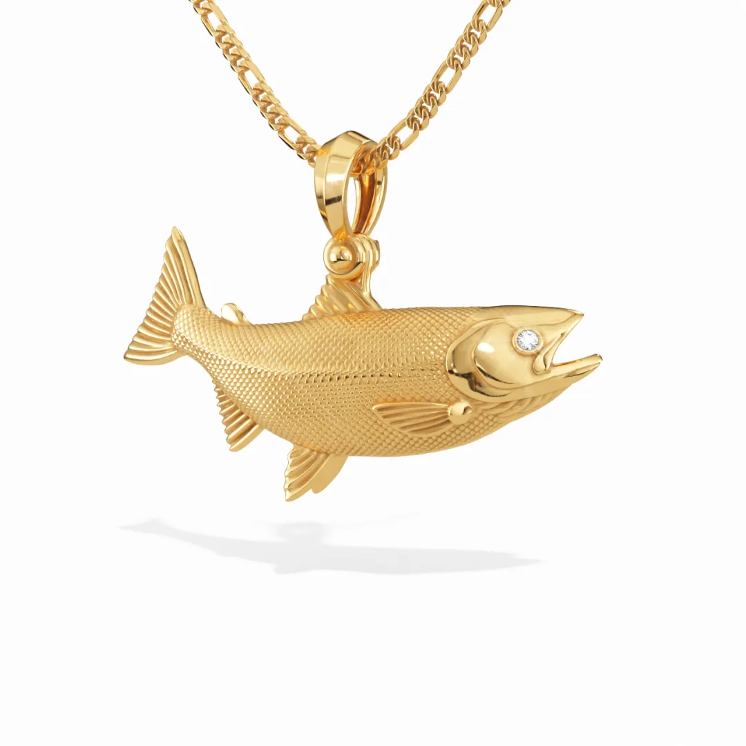 Exquisite 3D Salmon Fish Pendant with Diamond Eyes | 14k Gold