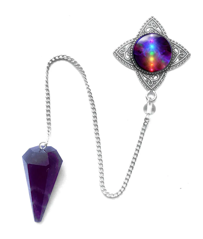 Faceted Amethsyt Crystal Pendulum with Attached Energy Art Pendant - "Chakra Healing"