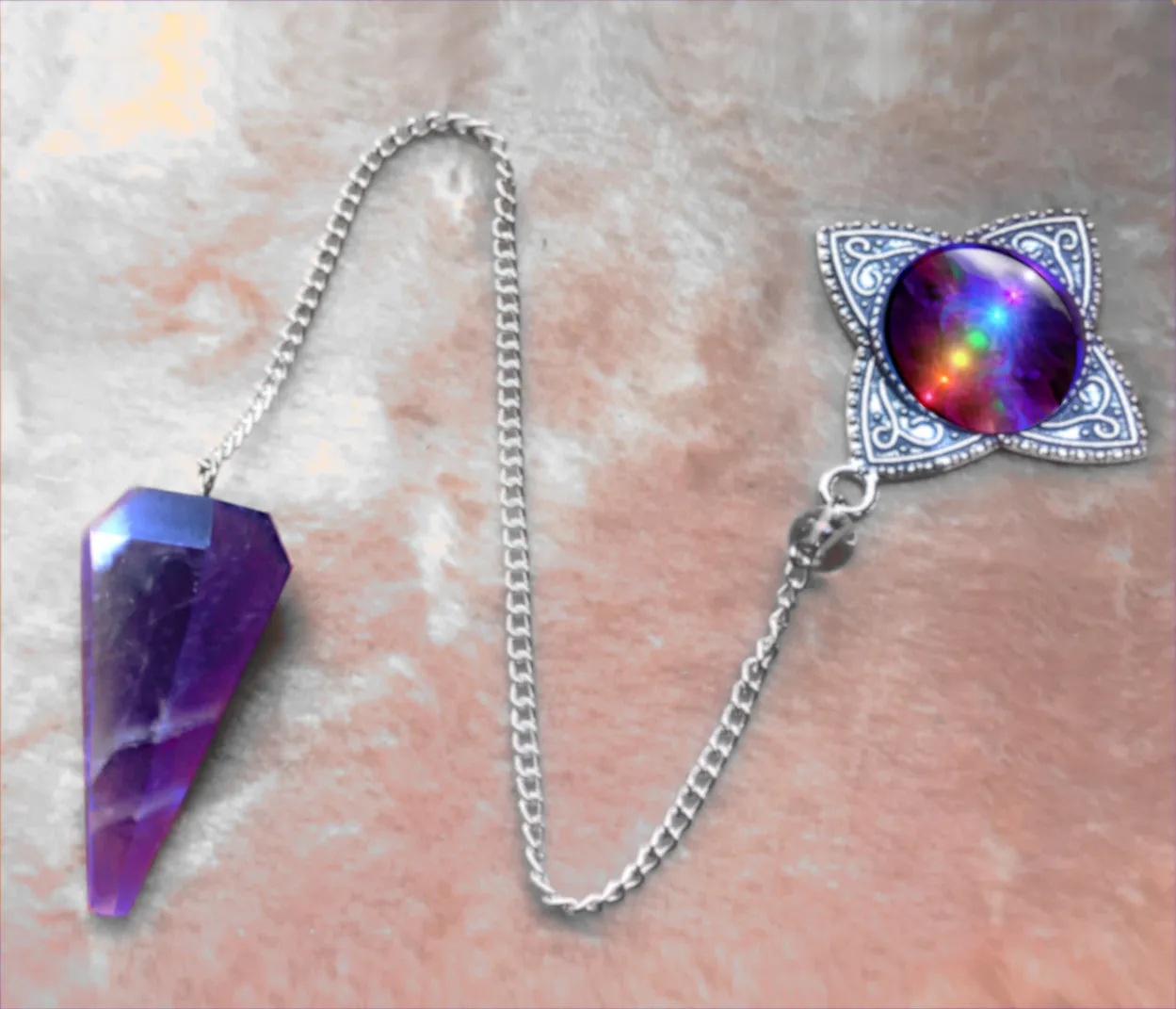 Faceted Amethsyt Crystal Pendulum with Attached Energy Art Pendant - "Chakra Healing"