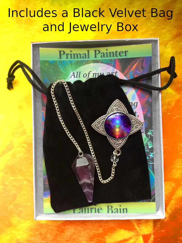 Faceted Amethsyt Crystal Pendulum with Attached Energy Art Pendant - "Chakra Healing"
