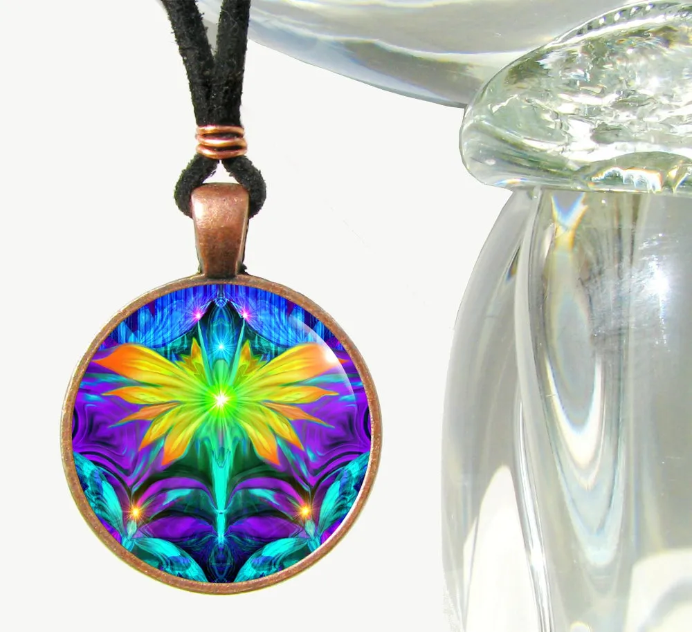 Fairy Art Pendant Necklace, Psychedelic Rainbow Chakra Jewelry, Energy Artwork by Primal Painter - "Centered"