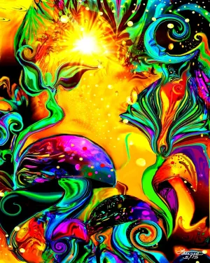 Fantasy Art Print, Fairies and Mushrooms, Colorful Wall Decor, Nursery Art by Primal Painter - "Waking Life"
