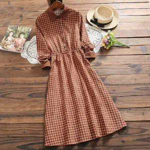 Fashion Plaid Dress Women 2020 Spring Turn-Down Collar Corduroy Long Sleeve Vintage Dresses Retro Ladies Button Dress 7424 50