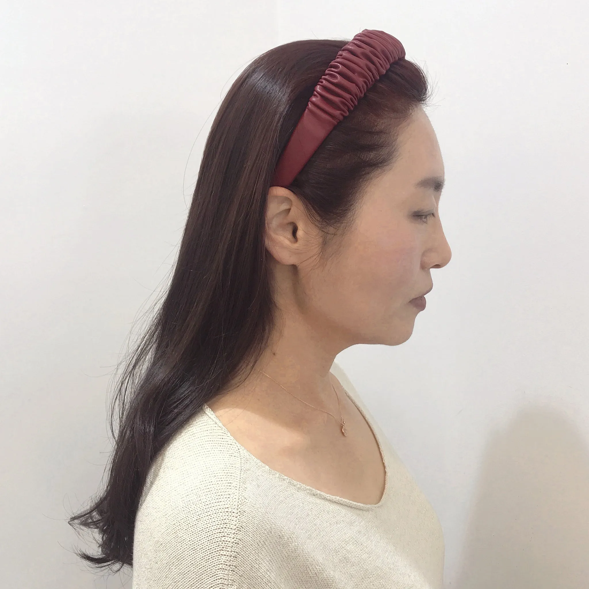 Faux Leather 3 cm Ruffled Burgundy Headband