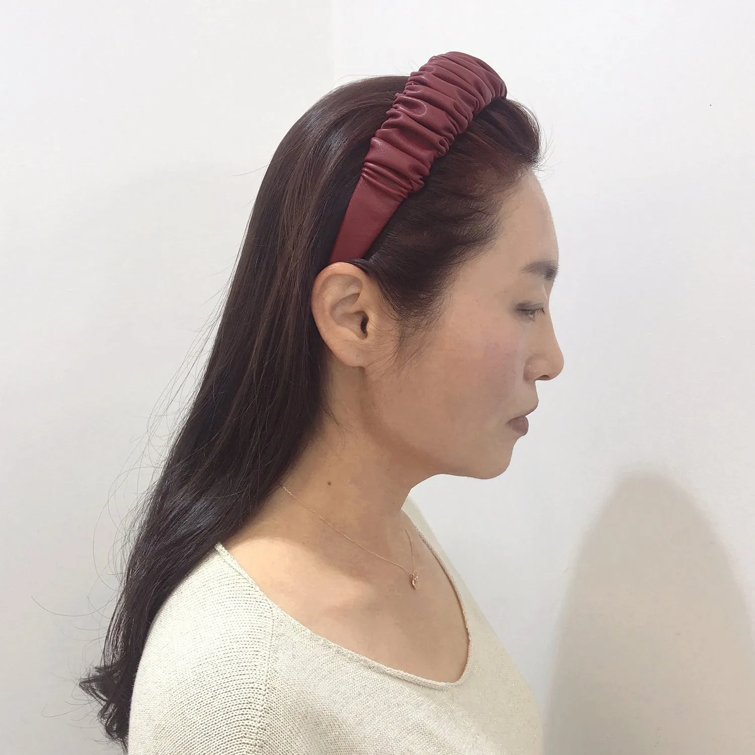 Faux Leather 4 cm Ruffled Burgundy Headband