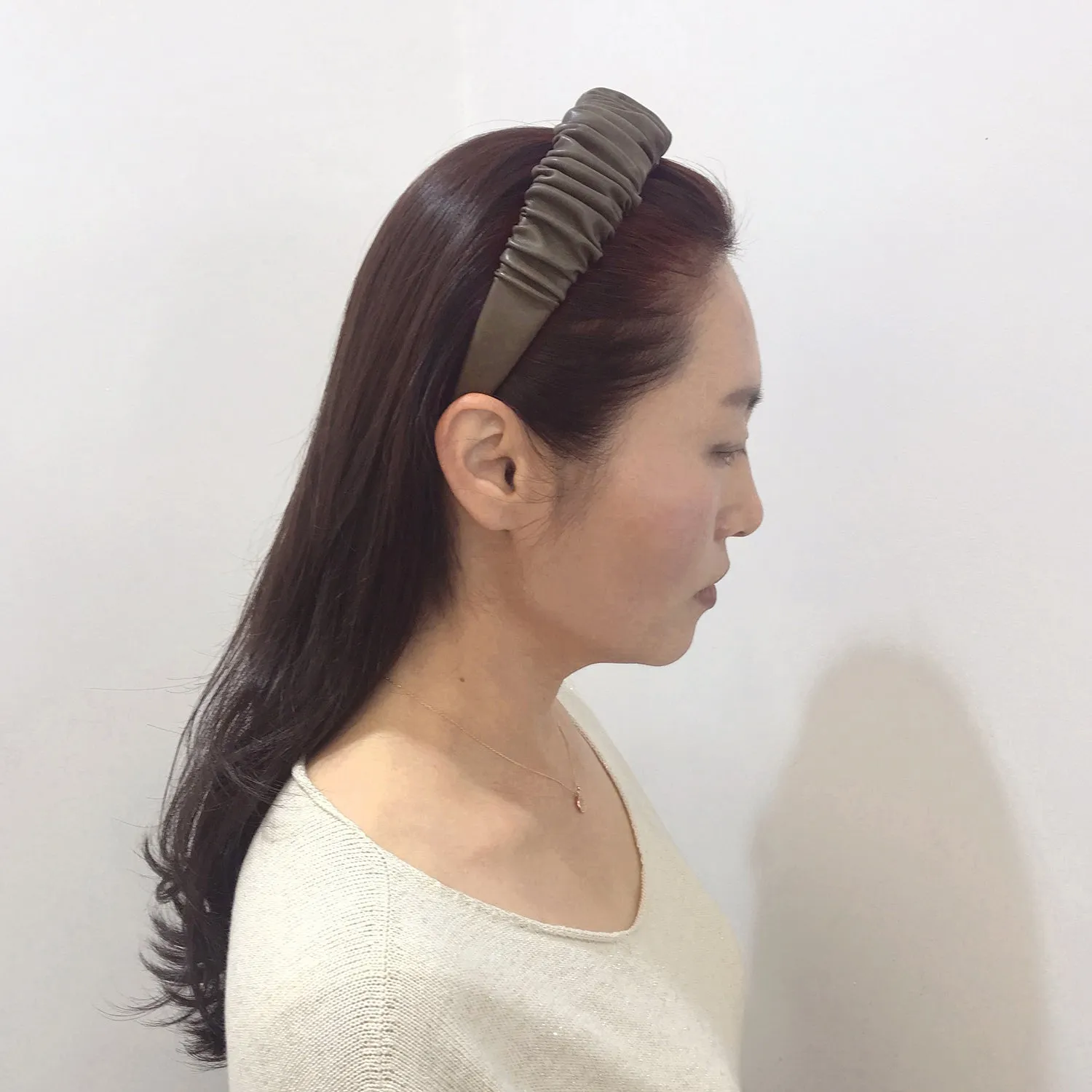 Faux Leather 4 cm Ruffled Khaki Headband