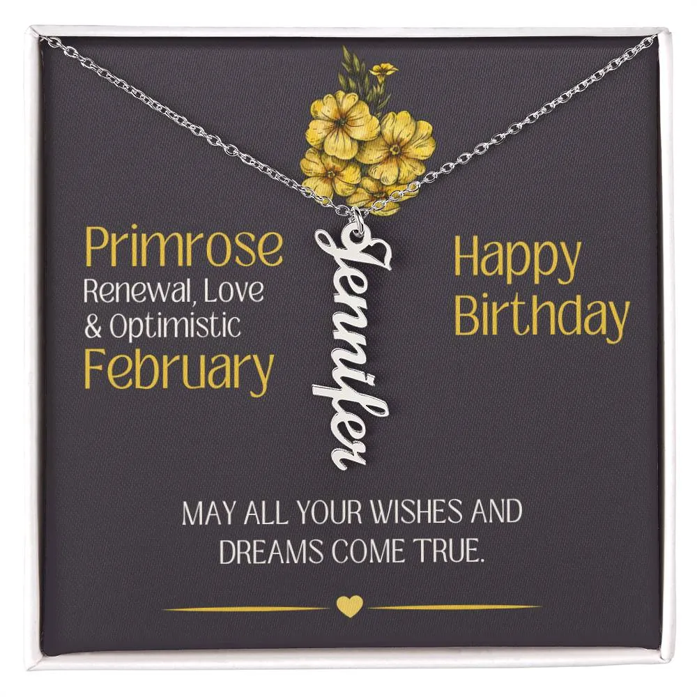 February Birthday Gift | Primrose Birth Month Flower | Personalized Vertical Name Necklace