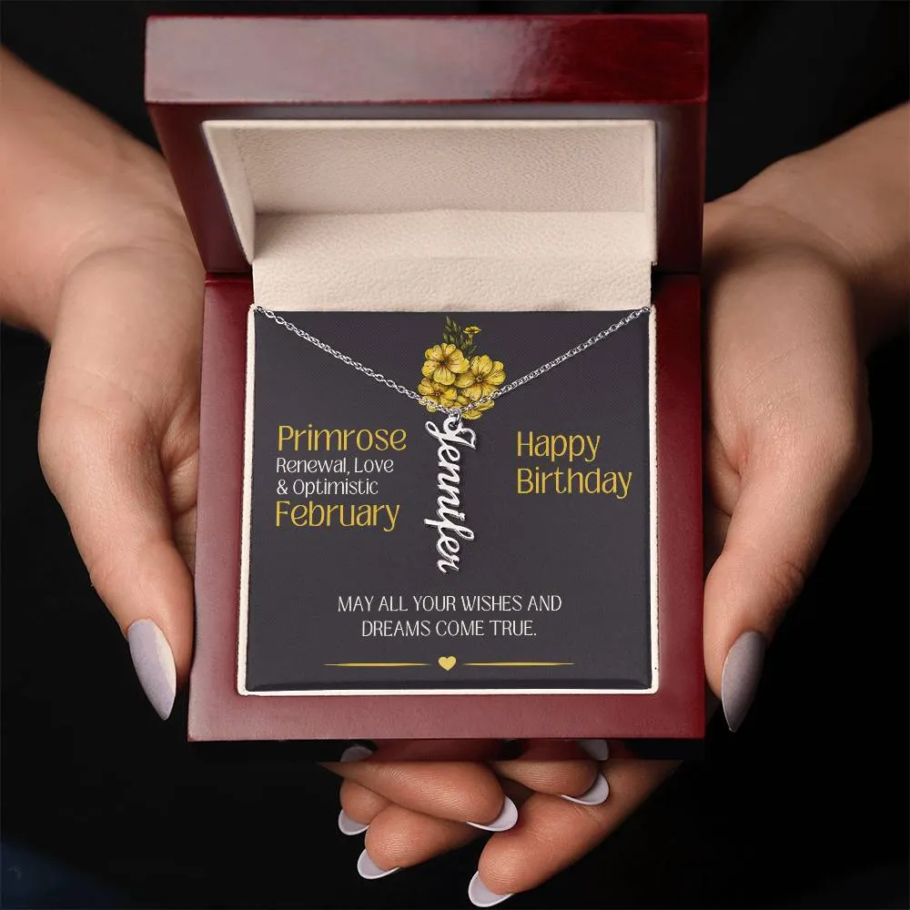 February Birthday Gift | Primrose Birth Month Flower | Personalized Vertical Name Necklace