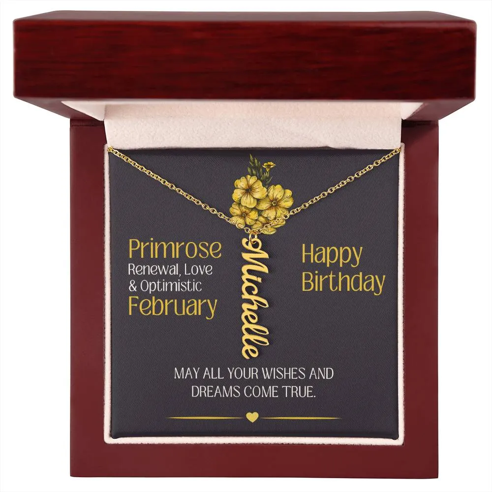 February Birthday Gift | Primrose Birth Month Flower | Personalized Vertical Name Necklace