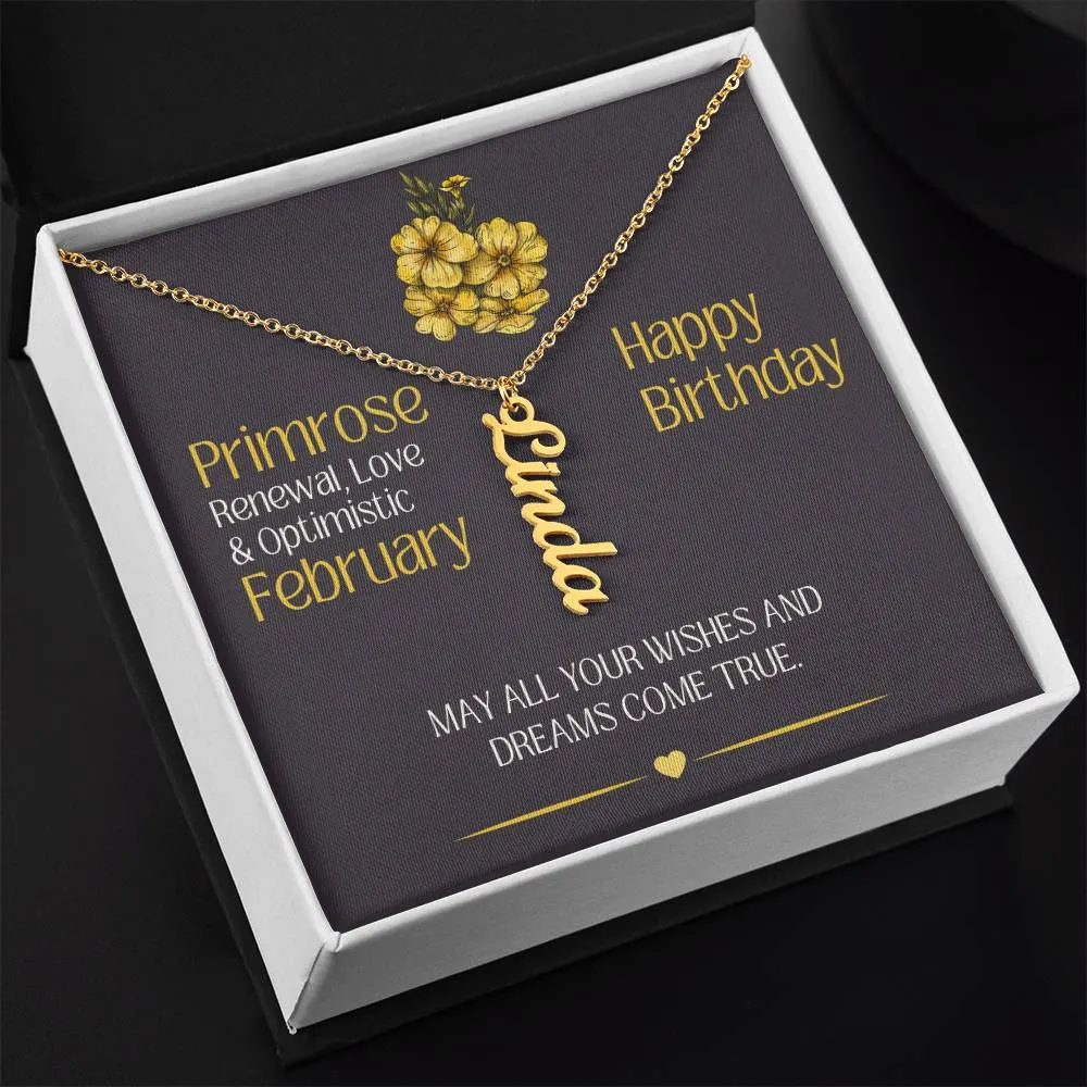 February Birthday Gift | Primrose Birth Month Flower | Personalized Vertical Name Necklace