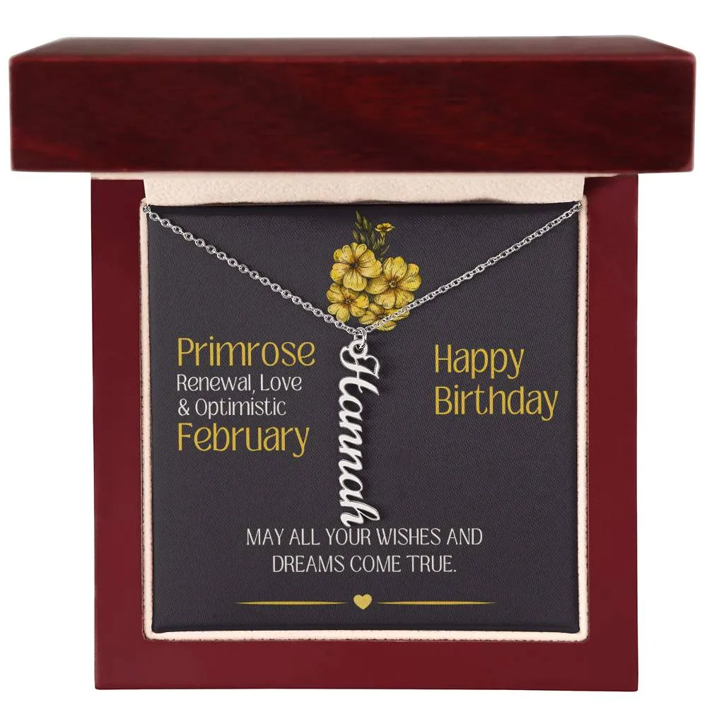 February Birthday Gift | Primrose Birth Month Flower | Personalized Vertical Name Necklace