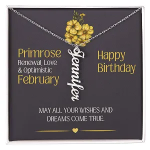 February Birthday Gift | Primrose Birth Month Flower | Personalized Vertical Name Necklace