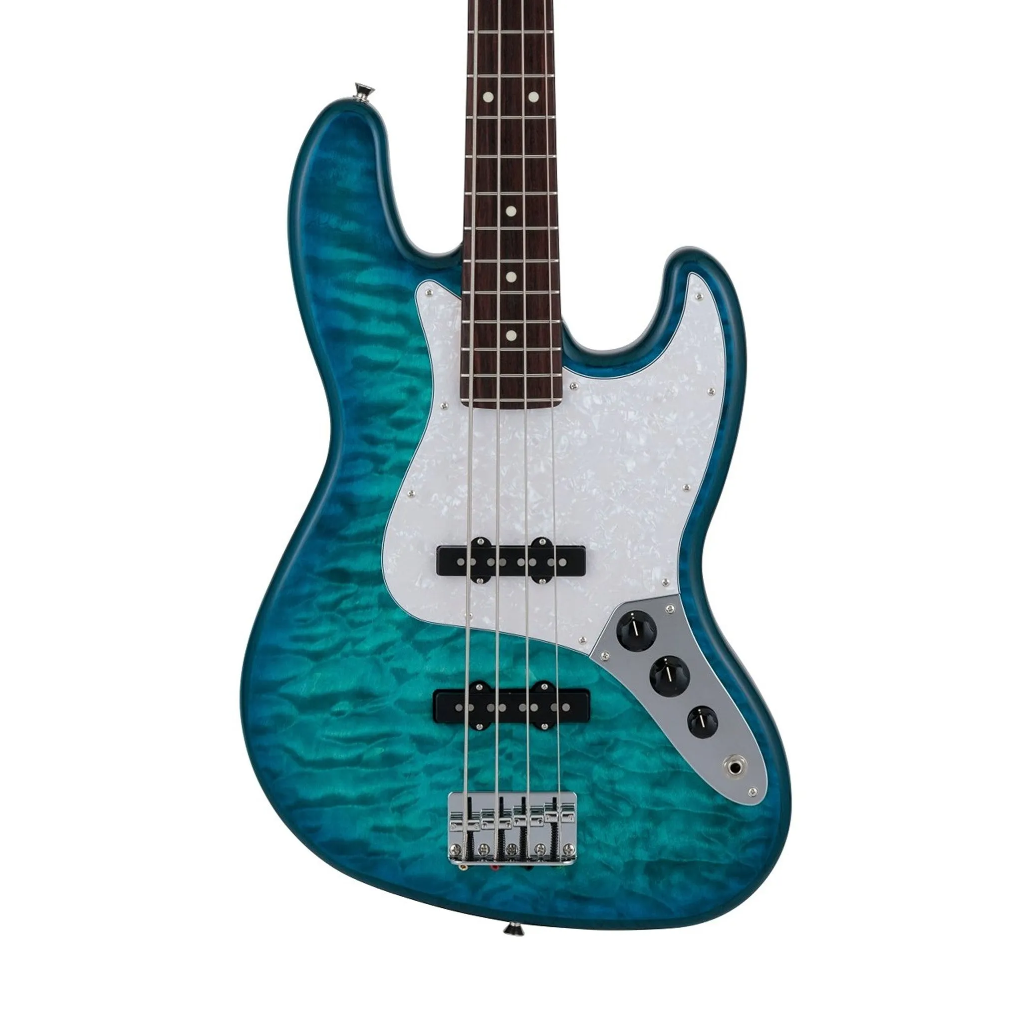 Fender Japan Hybrid II Jazz Bass Guitar w/Quilt Maple Top, RW FB, Aquamarine