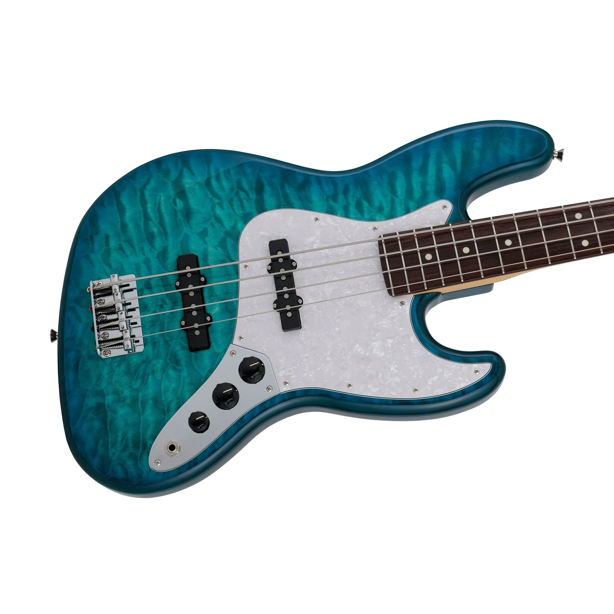 Fender Japan Hybrid II Jazz Bass Guitar w/Quilt Maple Top, RW FB, Aquamarine