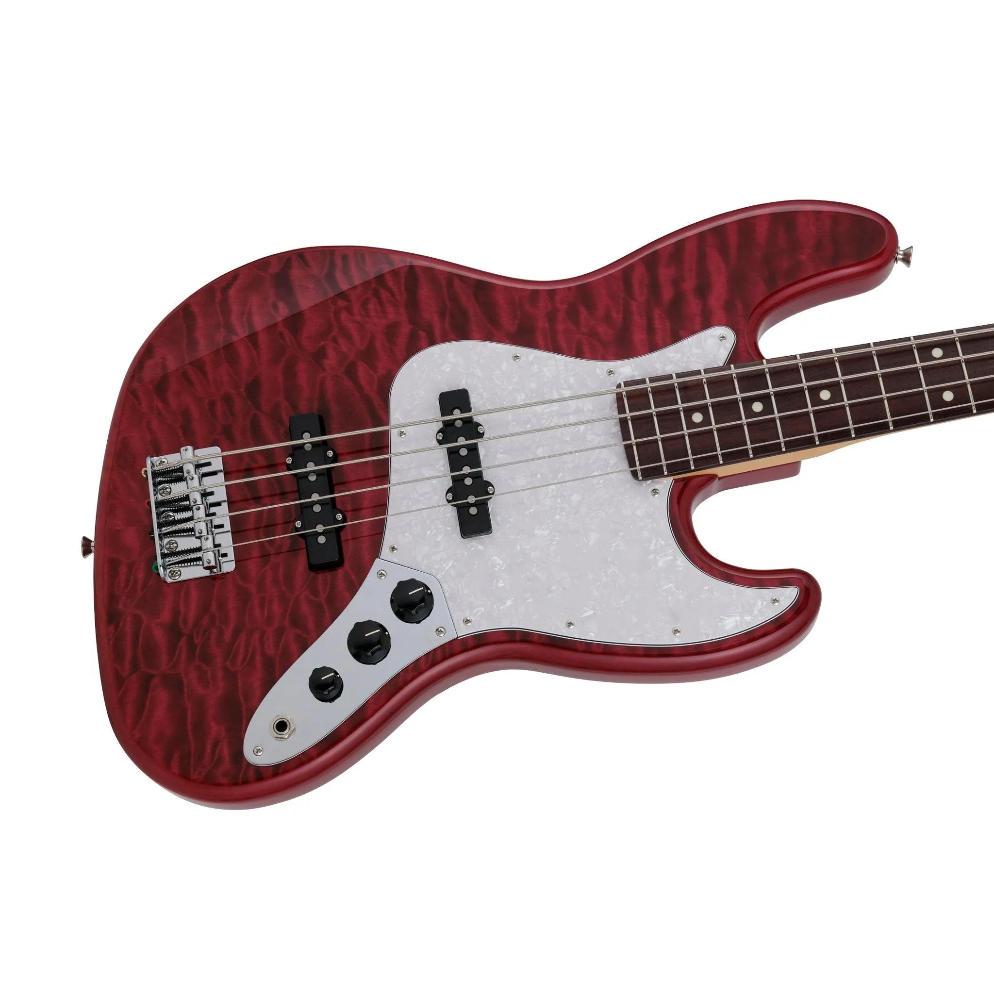 Fender Japan Hybrid II Jazz Bass Guitar w/Quilt Maple Top, RW FB, Red Beryl