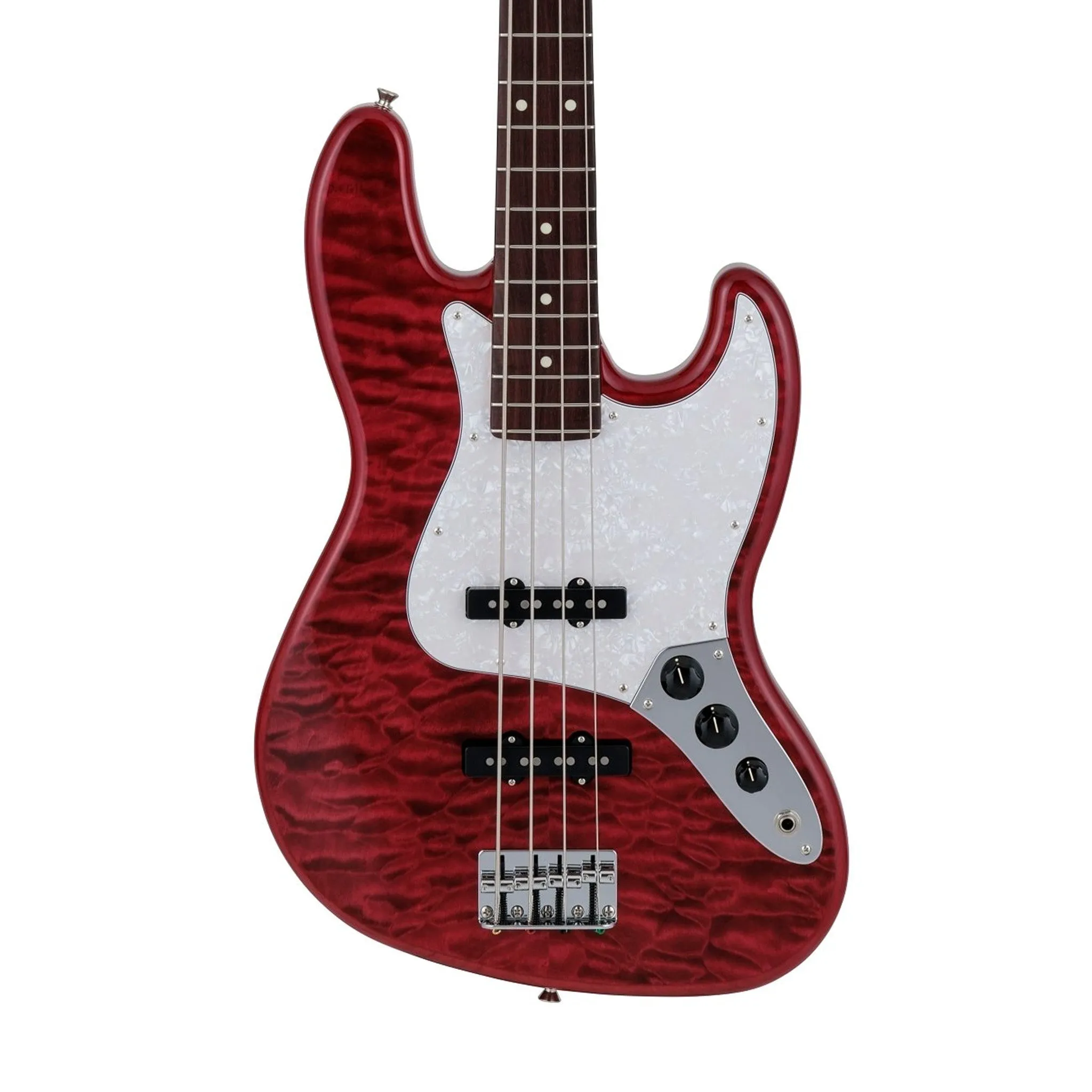 Fender Japan Hybrid II Jazz Bass Guitar w/Quilt Maple Top, RW FB, Red Beryl